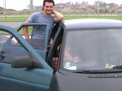 Innocent gal sucks and rides stranger's dick in backseat