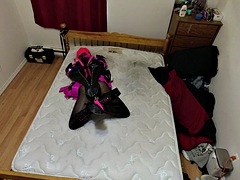 Sissy maid tied up in self bondage, tied hand and foot
