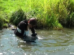 Женские бои, Масло, На природе, Колготки, Атлас, Софткор, Влажная