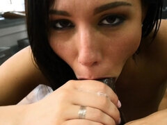 European dark haired floozy giving blowjob a big black pecker in Pov