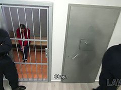 Cindy Shine's mouth and pussy get used by security guard in jail
