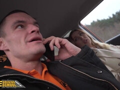 Engine problems end with sexy babe mouting teachers cock and letting him cum over her natural tits - reality car sex