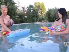 Floating Gazongas: Two British Bombshells With Big Tits In The Pool