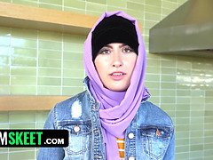 Arab Hijab masturbates before swallowing and taking a hard pounding from her boyfriend's big cock