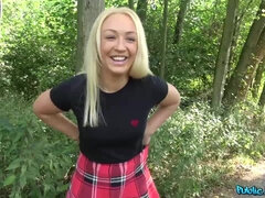 Blonde schoolgirl Amber Deen enjoy doggy fuck outdoors