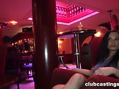 Sexy girl with small tits takes a deep throat in a strip club audition