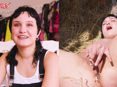 German Amateur Hannah - First Time Fingering Her Shaved Pussy in the Hayloft - Big Tits Solo Masturbation