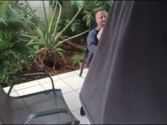 Shy Virgin Stepsister Fucked Hard by Horny Stepbrother While Friend Jerks Off in Garden