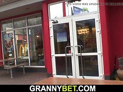 Horny grandpa nails blonde granny's big tits and blows her while riding her hard