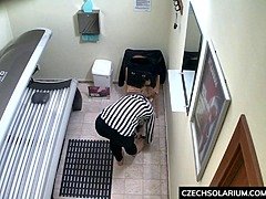 Teenie Teen toying with snatch in Solarium Tube