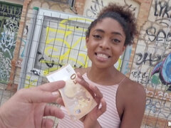 Chocolate skin nymphette gives up her pussy for some cash