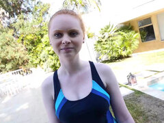 Ginger Ruby Red slides her swimming coach's prick balls deep outside