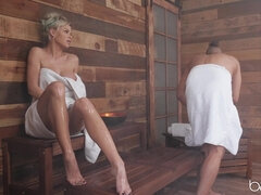 Sex In The Sauna - wet oiled up busty blonde Jessa Rhodes fucked in SPA by Xander Corvus