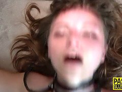 Gorge profonde, Queue, Bâillonner, Hard, Petite femme, Criant, Esclave, Jarretelles