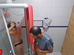 Naughty old stepfather watches his stepdaughter in the shower! and made him give a blowjob and feel his cock in her pussy!