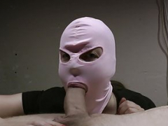 Masked babe sucking, but his cock is too big