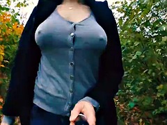 Boobwalk: button down v-neck shirt and coat. boobs out