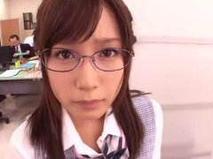 Comely busty Japanese youthful harlot Minami Kojima fingering her pussy till orgasm in office