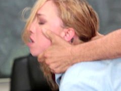A blonde with curly hair is getting a dick inside her white pussy