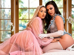 Two dolls girlfriends Abella Danger and Whitney Wright fuck on the white bed