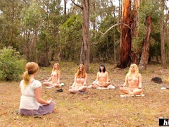 Naked yoga calms Kim Cums, Marina Lee, Chloe B. and Laney Day - Outdoor