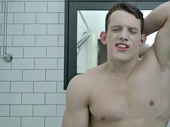 Handsome stud solo jerking off in sensual bathroom action