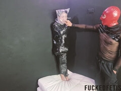 緊縛, 美人, ボンデージ, 茶髪の, ゴム, 拘束