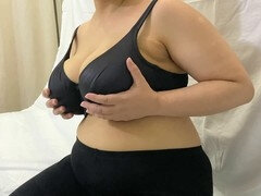 Sensual girl in black bra enjoying nipple play and bouncing her large breasts