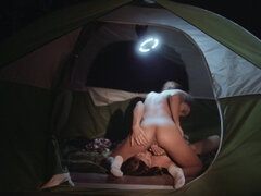 Sex of hot girlfriends licking muffs in the tent at night