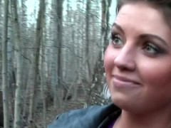 Sexy bitch is sucking two dicks in the forest in a hot threesome