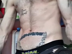 Showing fit body, chest hair and uncut cock