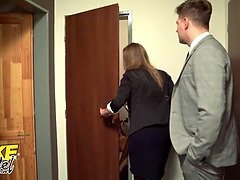 Estate Agent with huge natural tits discovers small blonde