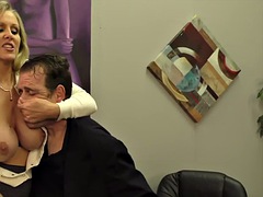 Stocking HJ domina jerks off hard cock in office until cumshot