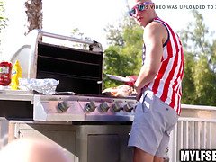 Huge boobed swimsuit milf gets served a dong on a booty-crack at july four bbq