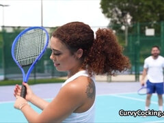 Curly ebony spinner gets on cock after tennis