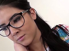 Lady Dee, the cute teen in glasses, goes wild with rough sex and cum on glasses